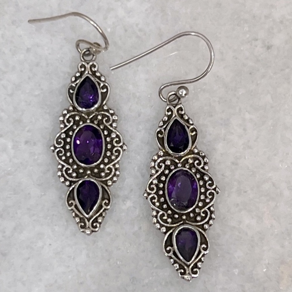 Amethyst Sterling Silver Trilogy Dangle Earrings - Picture 5 of 9